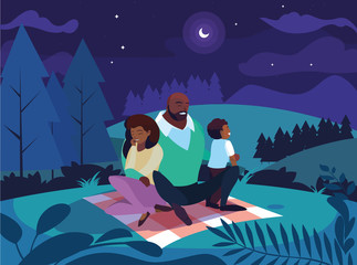 Poster - afro parents with son family in night landscape natural