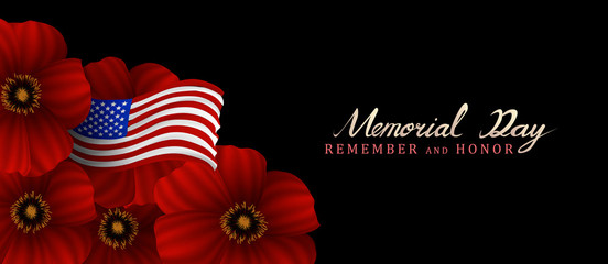 memorial day remember and honor background,united states flag, with respect honor and gratitude posters, modern design with red poppies vector illustration