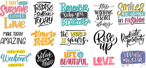 Wall Mural - Set hand drawn lettering phrase, vector printable design, pink trendy background, trendy phrase for t-shirts, decorations, motivational greeting cards.