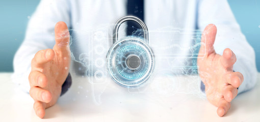 Poster - Man holding a padlock security technology interface 3d rendering