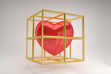 Poster - Red heart symbol in a golden cage  on a gray background, modern love concept. Minimalistic geometric design for poster, cover, branding, banner, placard. 3d rendering.