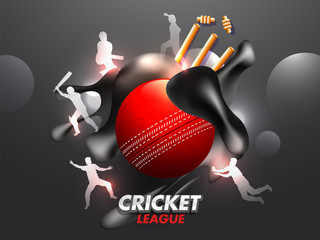 Cricket League banner or poster design with cricket ball, wicket stumps and silhouette of players in different poses on fluid art abstract background.