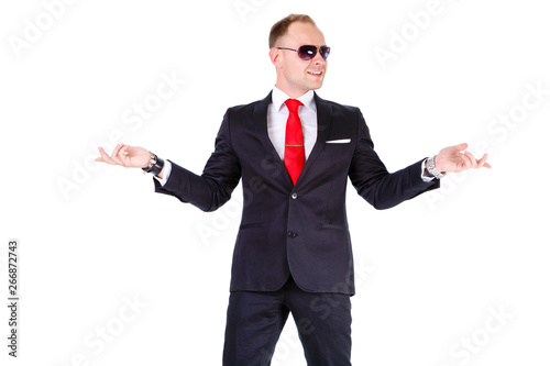 pix Black Suit White Shirt Red Tie background leather bracelet and clock