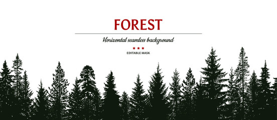 Abstract background. Forest wilderness landscape. Horizontal seamless pattern.  Template for your design works. Hand drawn vector illustration.