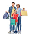 © Syda Productions - family, sale and people concept - happy smiling mother, father and little daughter with shopping bags over white background