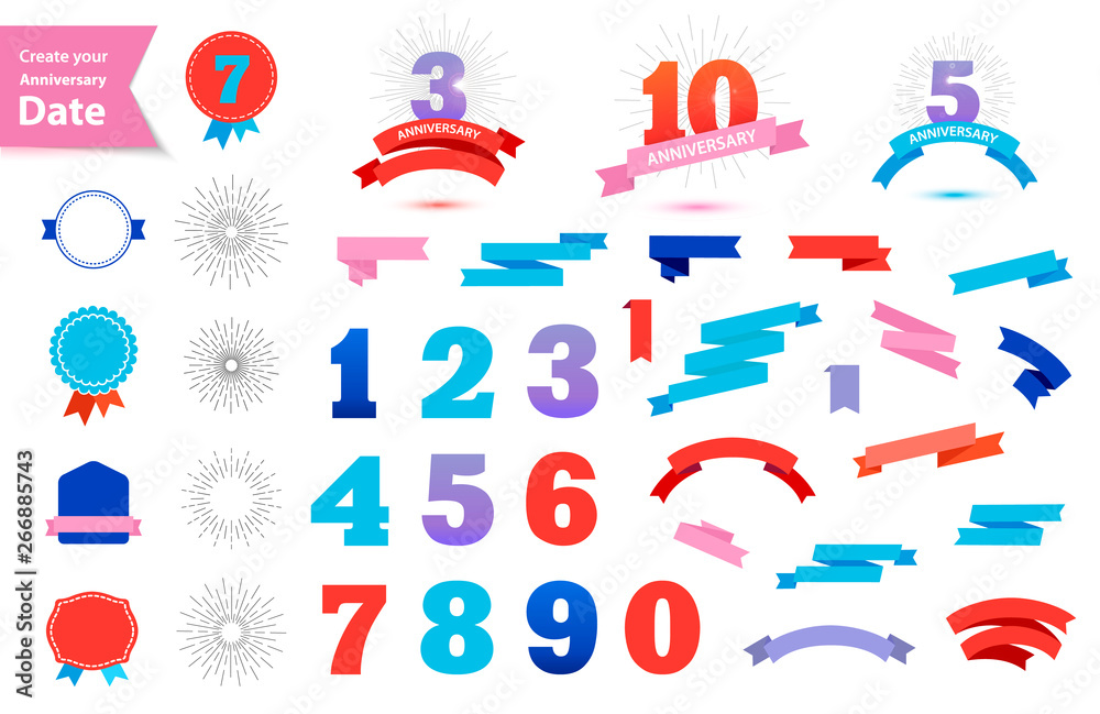 Vector set of anniversary dates. Create your own anniversary sign. Retro ribbons, bagges, sun burst, numbers 1,2,3,4,5,6,7,8,9,0 - obrazy, fototapety, plakaty 