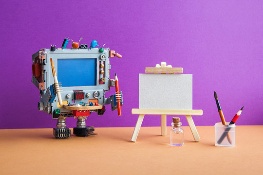 Robotic creativity and artificial intelligence. Robot artist computer with tools, wooden easel, palette brushes pencils. Violet wall, brown floor background. Empty textured paper for drawing.