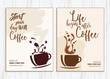 Set of two coffee shop brochure template vector design with graphics. Illustration of restaurant business flyer design with the coffee graphics and text