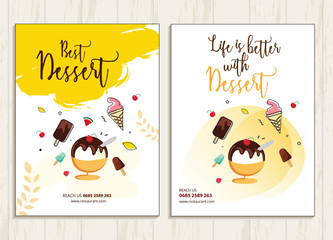 Set of two dessert brochure template vector design with graphics. Illustration of restaurant business flyer design with the Ice-cream graphics and text