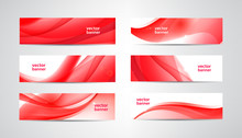 Vector Set Of Wavy Banners, Red Web Headers. Silk Vibrant Abstract Background, Horizontal Orientation