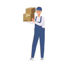 Wall Mural - Delivery man in blue courier uniform holding stack of cardboard boxes