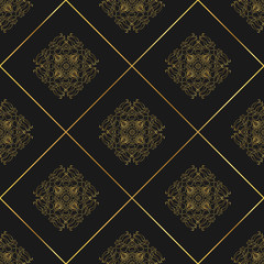 Traditional indian seamless pattern. Tibetan Buddism gold decoration motif. Arabic ornament for fashion textile print. Luxury golden vintage graphic element on black. Abstract vector lotus flower.