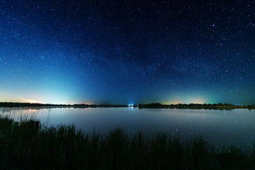 Wall Mural - magic starry night with the galaxy milky way near the river with a large tree.