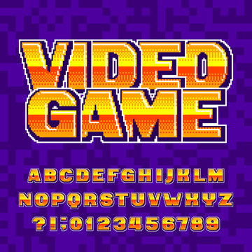 Video Game alphabet font. Digital pixel gradient letters and numbers. 80s retro arcade video game typescript.