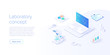 © Graf Vishenka - Medical research laboratory concept in isometric vector illustration. Pharmaceutical or chemical lab background with microscope and equipment. Web banner layout template.