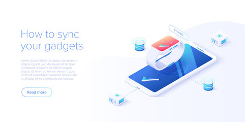Smartphone and smart watch synchronization concept in isometric vector illustration. IOT wireless technology. Internet of things web banner layout template.