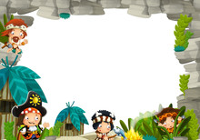 Cartoon Scene With Cavemen Territory And Pirate Captain Frame For Text - Illustration For The Children