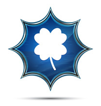 Lucky Four Leaf Clover Icon Magical Glassy Sunburst Blue Button
