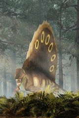 Aufkleber - A brown dimetrodon, a prehistoric sail-backed creature that predates the dinosaurs, stands in a sunlit permian forest bearing its sharp teeth.
