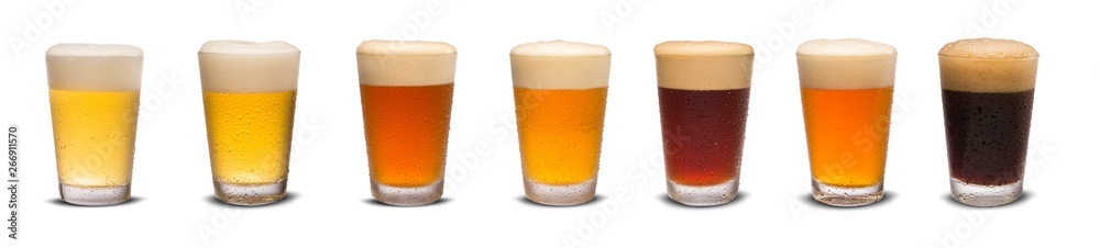 Set of many beer glasses with different beer isolate on white background. - obrazy, fototapety, plakaty 