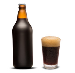 Glass of porter beer and Brown bottle isolated on a white background