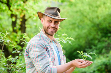 Wall Mural - happy earth day. Eco living. farming and agriculture cultivation. Gardening. muscular ranch man in cowboy hat care plants. successful farmer hold plant in ground in hands. Eco farm worker. Earth day