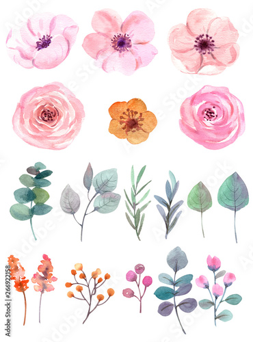 watercolor, wedding card, set flowers