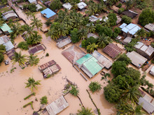 Aerial View Overhead Houses Flooded By A Cyclone