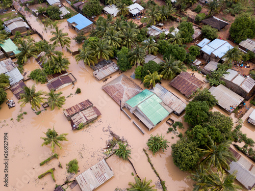 Cuadros en Lienzo Aerial view overhead houses flooded by a cyclone