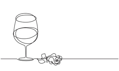 Wall Mural - Wine glass and rose flower. Wedding. Vintage sketch. Pink champagne. Continuous line drawing