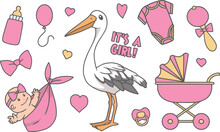 Collection Of Cute Pink Cartoon Style Illustrations For Newborn Baby Girl, Including Stork, Stroller, Bottle And Pacifier
