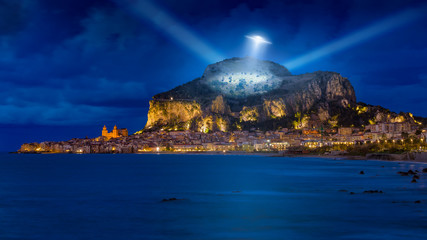 Wall Mural - extraterrestrial aliens spaceship fly above night city