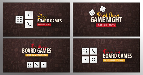 Wall Mural - Set of Board Games banners with dices. Hand draw doodle background. Vector illustration.