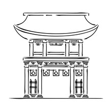 Japan Landmark - Temple, Shrine, Castle, Pagoda, Gate Vector Illustration Simplified Travel Icon. Chinese, Asian Landscape Traditional House. Ink Brush Style. Realistic Element For Design, Print.