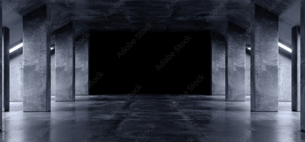 Sci Fi Modern Dark Concrete Cement Asphalt Futuristic Spaceship Elegant Underground Garage Tunnel Corridor Empty Space White Glow Glossy Columns 3D Rendering - obrazy, fototapety, plakaty 