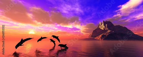 Fototapety delfiny  delfiny-bawiace-sie-o-zachodzie-slonca-w-poblizu-wyspy