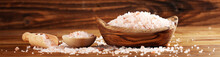 Natuaral Cosmetics With Pink Himalayan Spa Salt. Sea Bath Salt For Healthy Spa Relaxation
