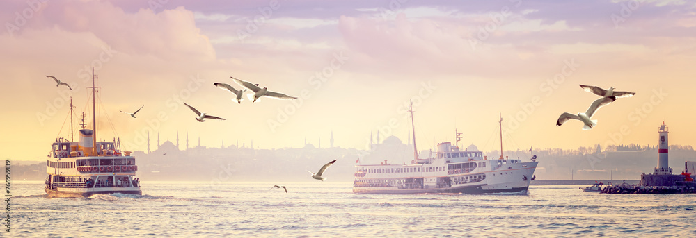 Panorama of Istanbul in sunset. - obrazy, fototapety, plakaty 