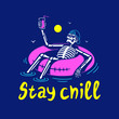 STAY CHILL SKELETON IN CAP WITH COCKTAIL AND SWIM RING COLOR BLUE BACKGROUND