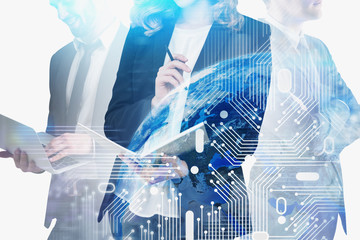 Poster - Business people and digital Earth hologram