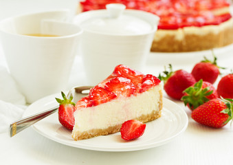 Sticker - Classic cheesecake with fresh strawberries. Selective focus.