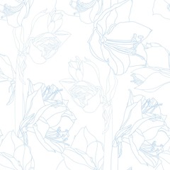 Hand drawn sketch illustration of lilies flowers seamless pattern. Floral blue line background, backdrop element for fabric, textile design, wedding.