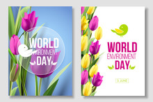 World Environment Day Card, Banner On The White And Blue Background With Flowers, Yellow And Pink Tulips And Leaves. 5 June. Eco, Bio, Nature