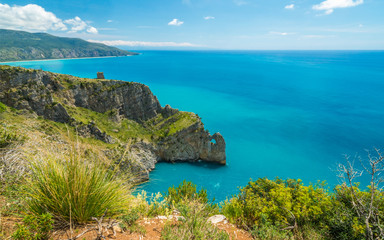 Scenic seascape with cliffs at Palinuro, Cilento, Campania, southern Italy.