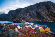Norway, Lofoten Islands, Nusfjord, Houses At The Coast