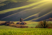 Majestic Landscape Of Green Valley With Fields And Mountain Range In Tuscany, Italy