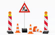 Baustelle Absperrung - 2 Warnbaken mit Leuchte, Fußplatte, Verkehrshütchen und Schild Baustelle auf Pfosten - freigestellt