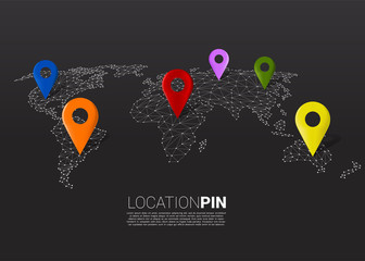 Aufkleber - 3D location pin marker on dot connected line low polygon world map. Concept for GPS navigation system infographic .