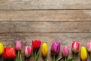 Beautiful tulips and space for text on wooden background, top view. Spring flowers