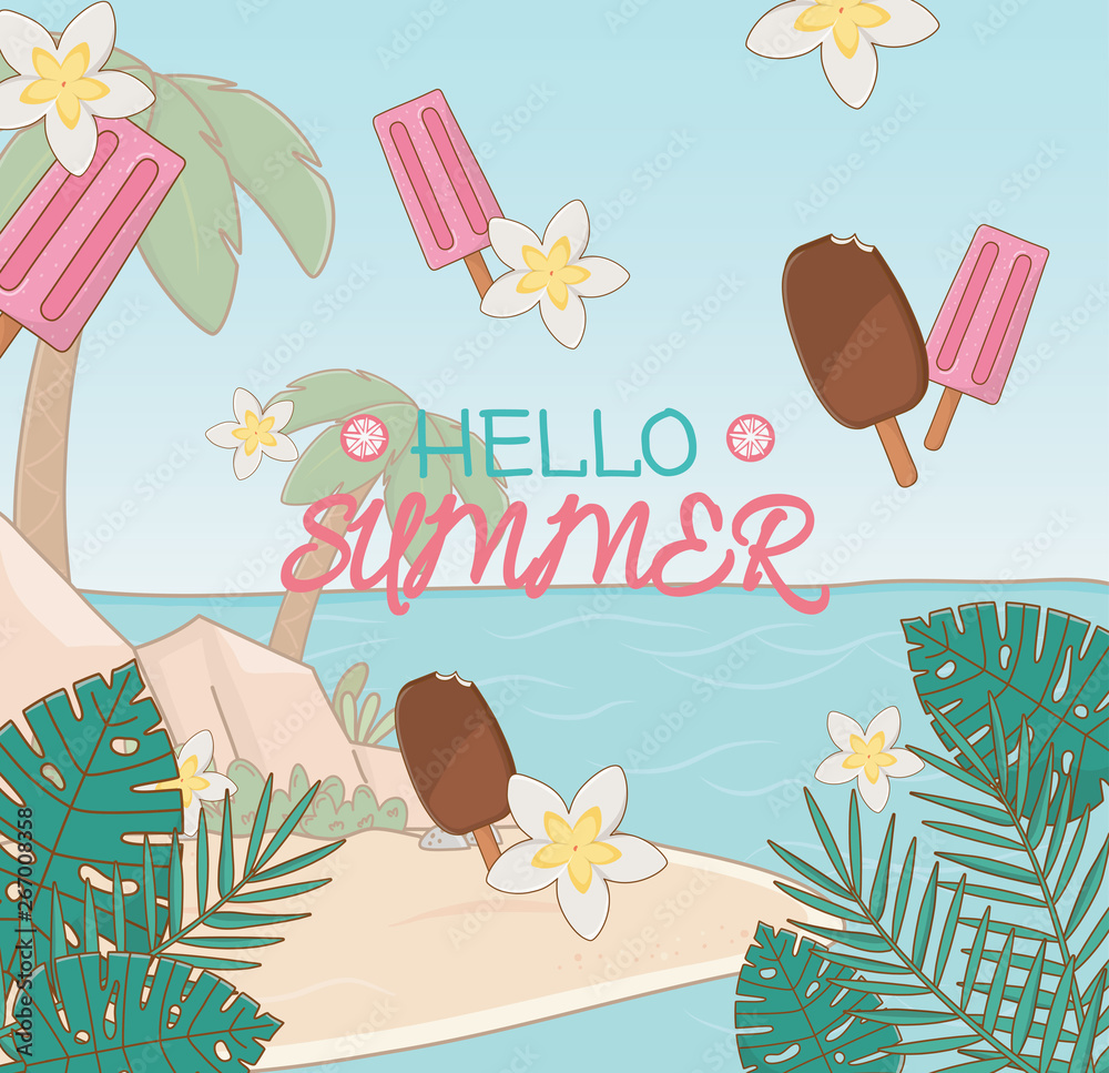 hello summer poster with ice creams and beach scene - obrazy, fototapety, plakaty 